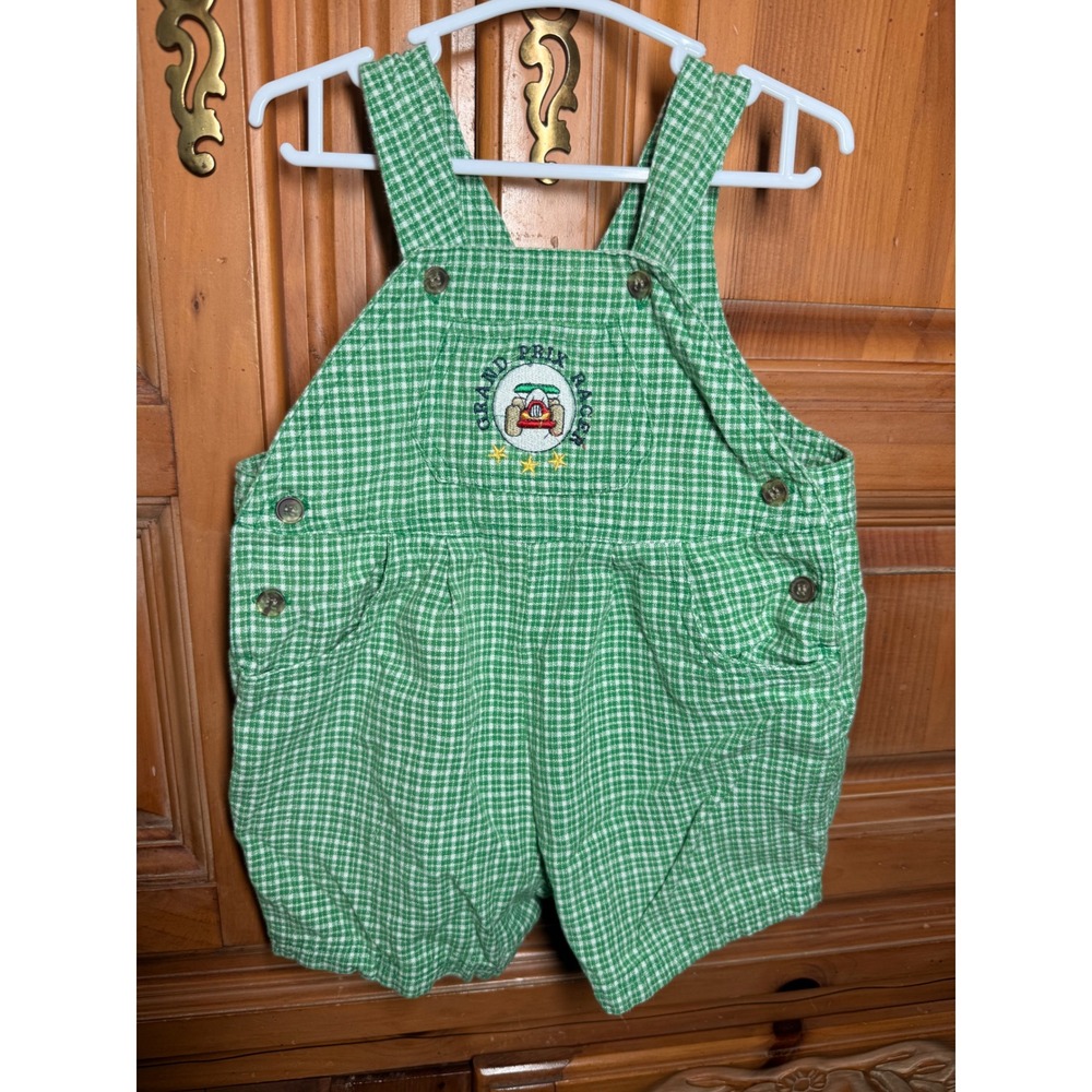 First Impressions Vintage Green Gingham Race Car Overalls‎ Shortalls Size 18M